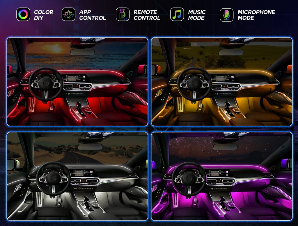 RGB LED Ambient Interior Light Kit - 8-in-1, App Control with Music Sync