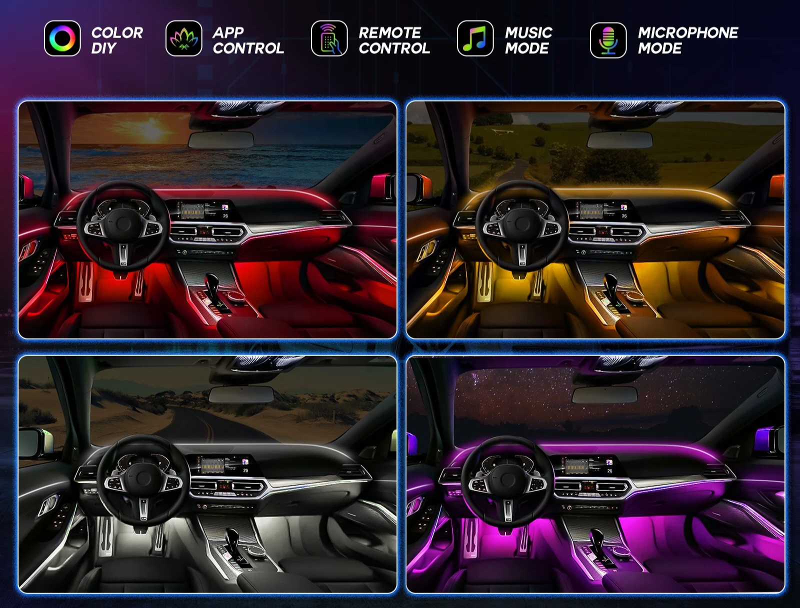 RGB LED Ambient Interior Light Kit - 8-in-1, App Control with Music Sync